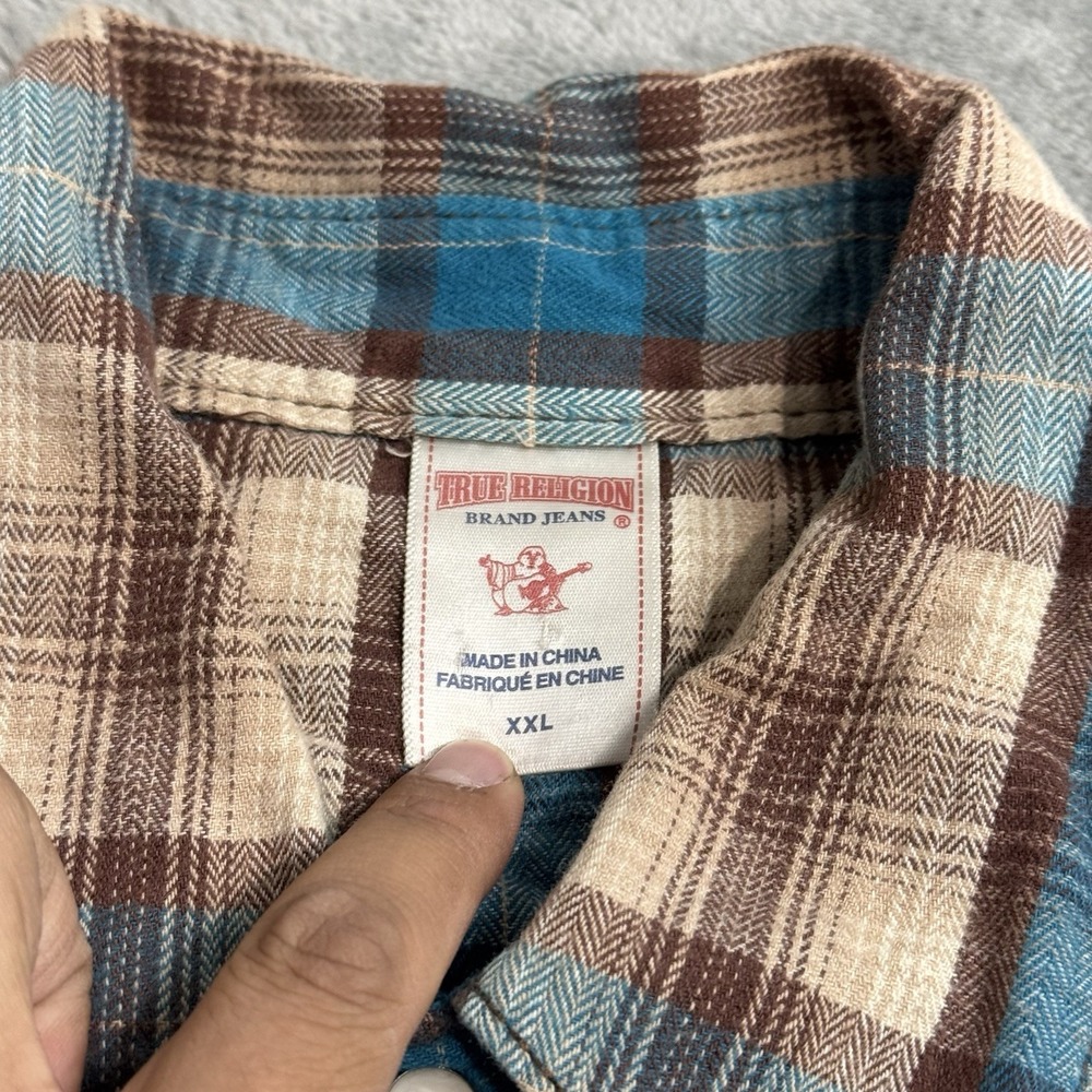 True Religion Button Up Shirt Mens XXL Brown Pearl Snap Plaid Western Cowboy - Picture 3 of 7